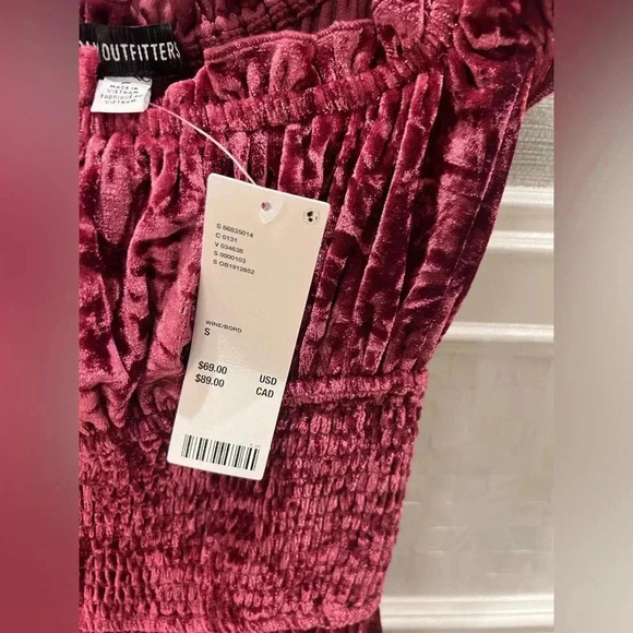 NWT new Urban Outfitters velvet romper SMALL red wine ruffle strap smocked dress - Picture 8 of 17